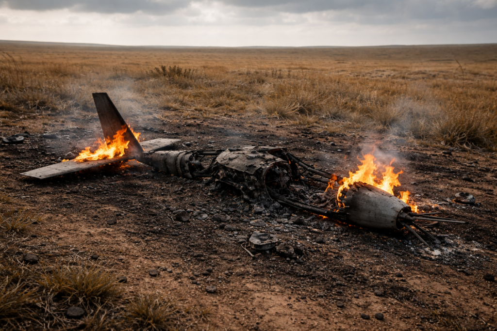 Сгоревший беспилотник обнаружен в степи на территории Атырауской области